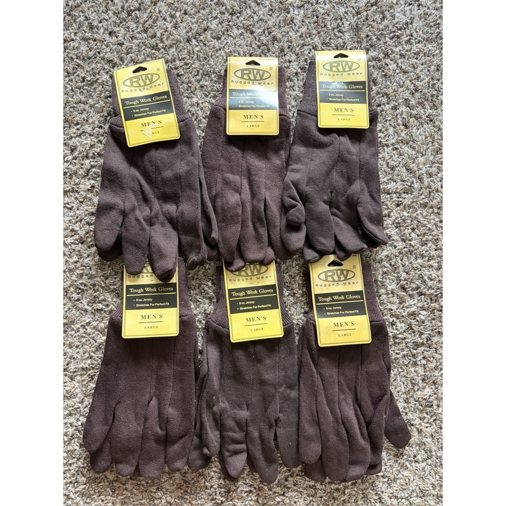 Lot 6 Rugged Wear Men's Work Gloves Tough Jersey Large NWT Vintage 2009